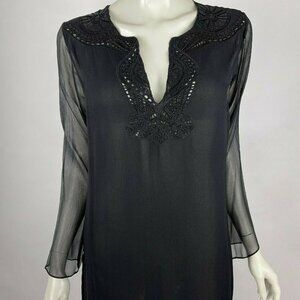 ECI NY Silk Embellished Tunic Top Sheer Lined Long Sleeve Side Slits Women M NWT